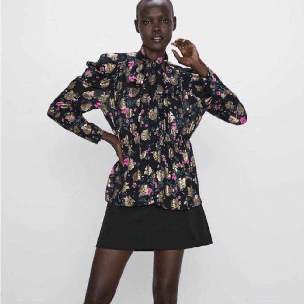Zara Floral Black Blouse with Gold Foil Flowers Nwot